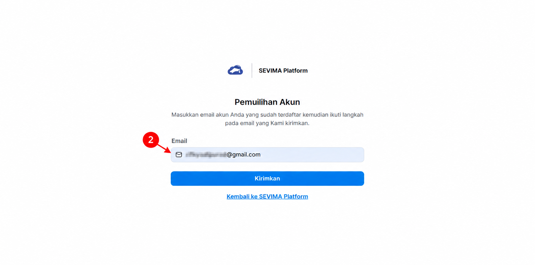 Halaman Pemulihan Akun SEVIMA